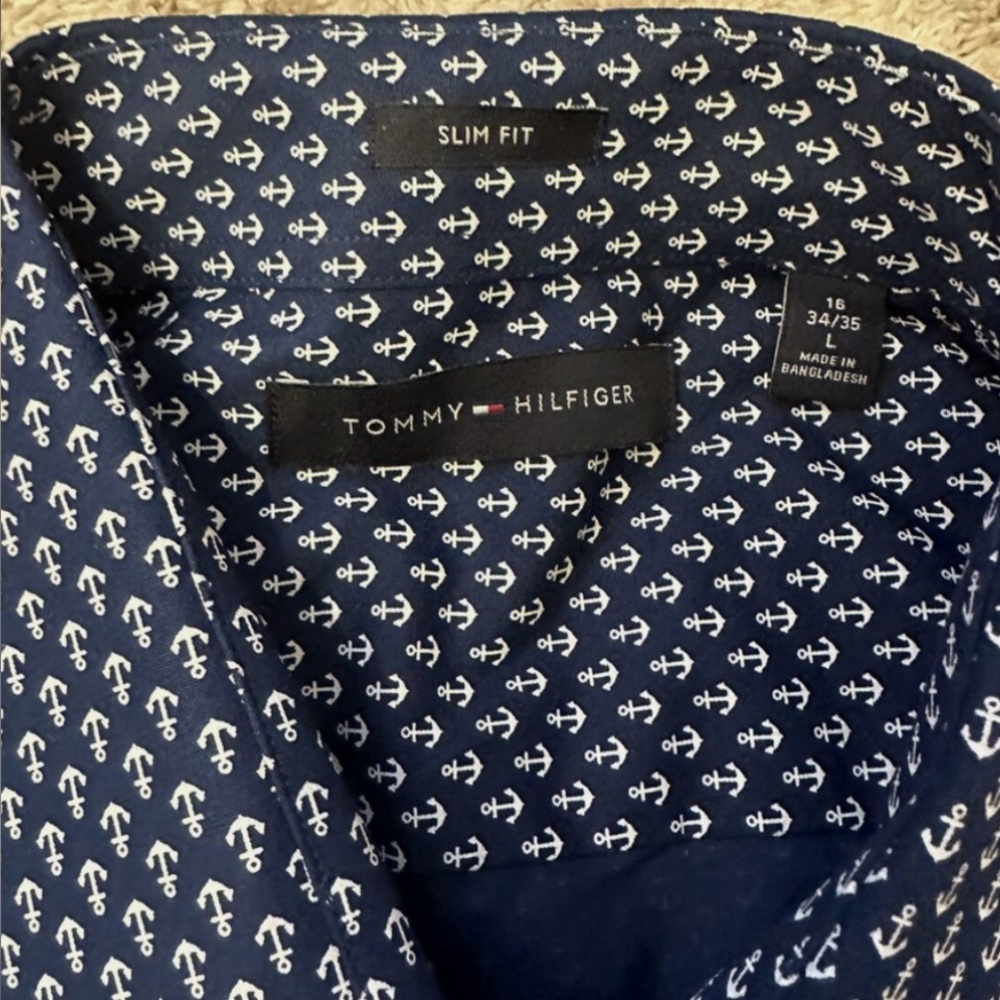 Nautical Anchors | Tommy Hilfiger LS Button Slim Fit Blue Large 16-34/35
